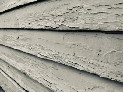 close-up of weathered, peeling wood siding